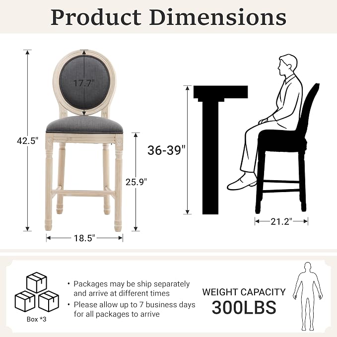 French Country Barstool, Linen Farmhouse Counter Height Chair | Set of 6, with Cushion Round Back and Solid Wood Legs, Oval Chairs for Restaurant, Bar, Kitchen, Café, Dark Grey - Image 3