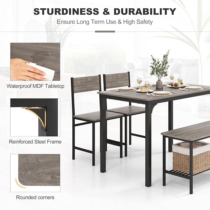 Giantex Dining Table Set for 4, Kitchen Table with Bench and Chairs, Industrial Gathering Bench Dining Set W/Metal Frame & Storage Rack, Dinette Set, Modern Functional Desk Set (Grey) - Image 7