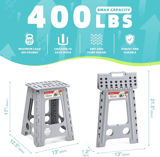 ACSTEP 17.5 Inch Heavy Duty Folding Step Stool for Adults, 400 lbs, Grey | Collapsible Stepping Stool for Adults with Handle and Non-Slip Surface, for Kitchen, Garage, Bedroom and Outdoor Tasks - Image 5