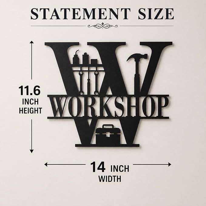 Workshop Metal Wall Decor, Garage and Tool Room Sign, 14 Inch | 14-inch matte black metal workshop sign with pre-drilled holes for garages, tool rooms, sheds, studios, and workspaces. - Image 6