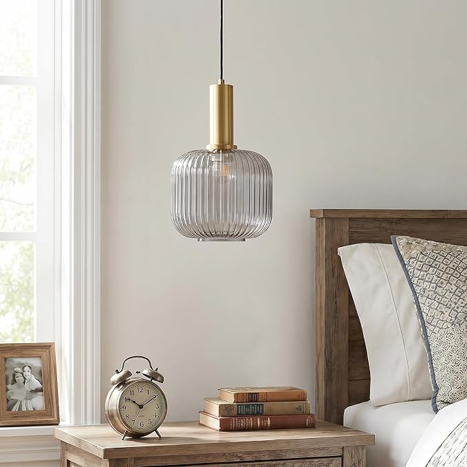 KCO Mid Century Modern Gold 7.9" Smoke Gray Ribbed Glass Pendant Light | E26 Base, Adjustable Hanging, Vintage Brushed Brass Hanging Light Fixture for Sloped Ceiling Kitchen Island Dining Room Bar - Image 6