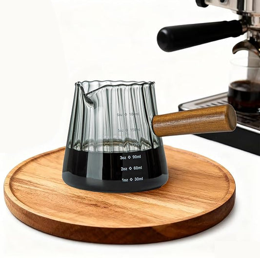 FANTESTICRYAN 6OZ Espresso Cup, Dark Gray Borosilicate Glass Measuring Cup, V-Shaped Spout Drain Espresso Double Shots with Wooden Handle, Coffee Milk Tea Accessories (Dark Gray)