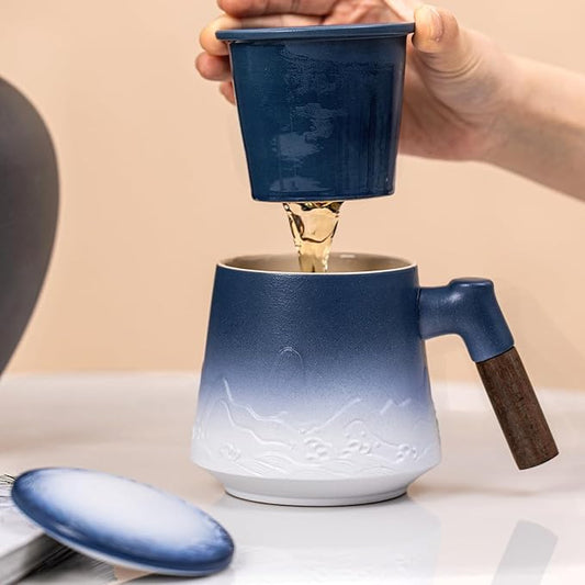 Ceramic Tea Mug with Infuser & Lid, 15oz Kiln-Transformed Unique Cup – Nature's Artisan Design, Loose Leaf Tea Cup with Infuser, Insulated Ceramic Coffee Mugs with Lid, Gift for Women/Men