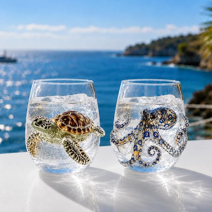 Coastal Stemless Wine Glasses Set of 4, 12oz 3D Ocean Animal Artisan Glassware Collection with Unique Sea Life Designs (J - Set of 2) by Lifmagic
