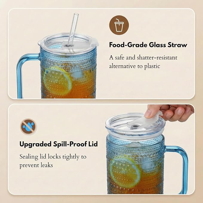 20 oz Blue Glass Tumbler with Lid and Straw, Glass Iced Coffee Cups, Spill-proof Glasses Tumbler with Handle, Glasses Drinking Set of 4, Vintage Glassware for Cocktail, Smoothies - Image 8