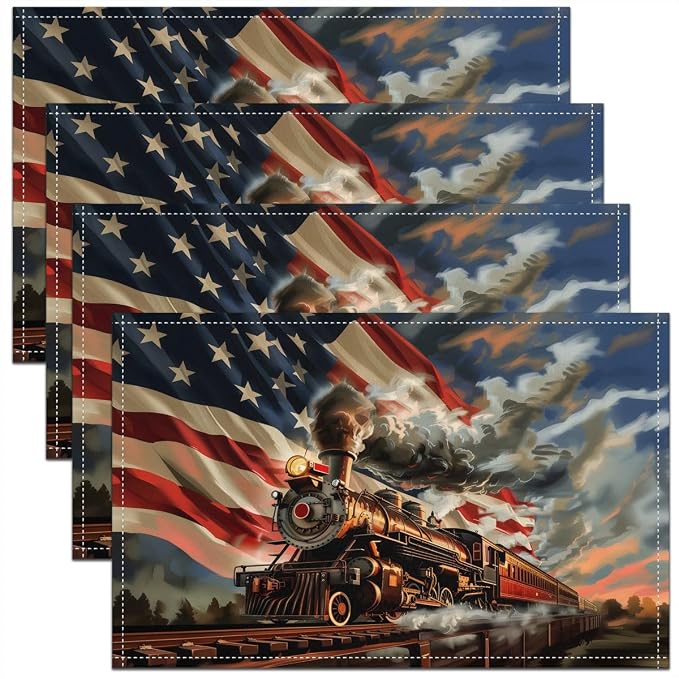 Feelyou Train Placemats Set of 4 American Flag Table Mats Colorful Steam Engine Place Mat for Kitchen Dining Table Party Decor Indoor Outdoor 18"x12" Transportation Vehicle by Feelyou