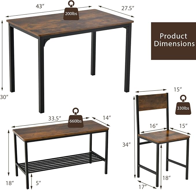 Giantex Dining Table Set for 4, Kitchen Table with Bench and Chairs, Industrial Gathering Bench Dining Set W/Metal Frame & Storage Rack, Dinette Set, Modern Functional Desk Set (Rustic Brown) - Image 5
