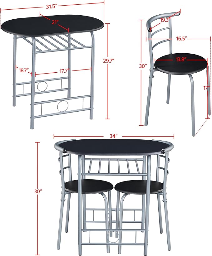 Yaheetech 3-Piece Dining Room Table Set, Kitchen Table & Chair Sets for 2, Compact Table Set w/Steel Legs, Built-in Wine Rack for Breakfast Nook, Small Space, Apartment, Black, 31.5x21x29" (LxWxH) - Image 3