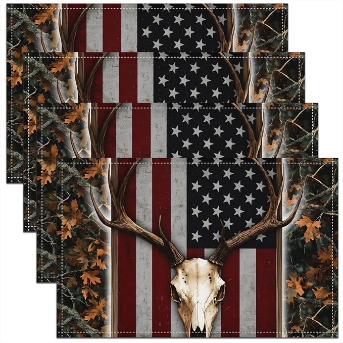 Feelyou Cow Skull Hunting Camo Placemats Set of 4 12x18 Inch Rustic Cabin Table Mats for Party Kitchen Dining Decoration Holiday Seasonal American Flag Place Mat for Dinner Table Indoor Outdoor by Feelyou