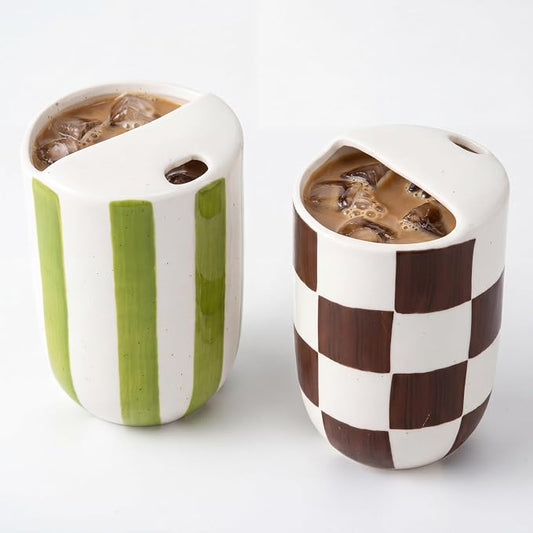 Hushee 2 Pack 16 oz Ceramic Coffee Mugs with Sip Hole, Retro Hand-painted Ceramic Travel Mug, Green White Striped &brown White Plaid Design, Microwave & Dishwasher Safe, Ideal Gifts for Coffee Lovers by Hushee