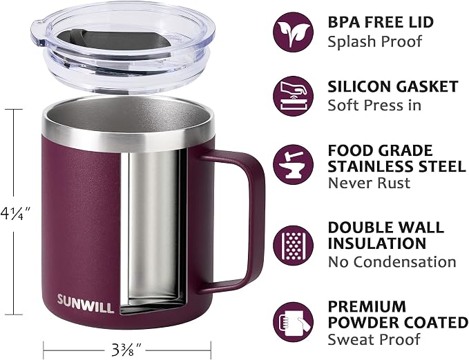 SUNWILL Travel Coffee Mug with Lid, Insulated Tumbler with Handle, 14 oz Stainless Steel Cup for Camping, Office, Home, Powder Coated Plum - Image 2