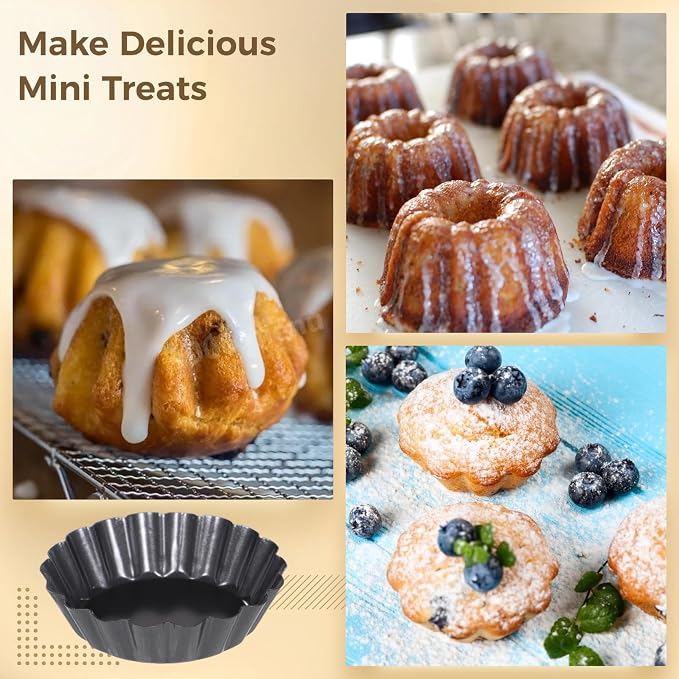 16 PCS Mini Removable Bottom Tart Pans, 3 in Nonstick Carbon Steel Fluted Cake Molds, Flower Shape Mini Pie Pans for Tarts, Pudding, Brownies, Mini Quiche, Baking Cups, Easy Release - Image 3