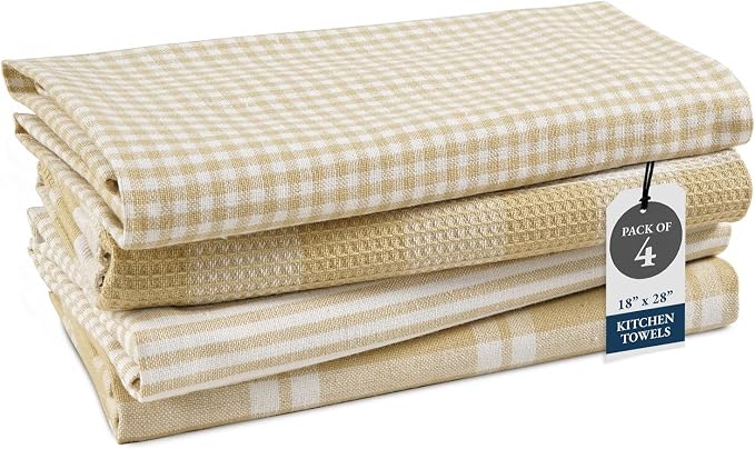 LANE LINEN Cotton Kitchen Towels Set, 4-Pack – Absorbent, Quick-Drying, Premium Dish Towels, Tea Towels, 18" x 28" - Beige by LaneLinen