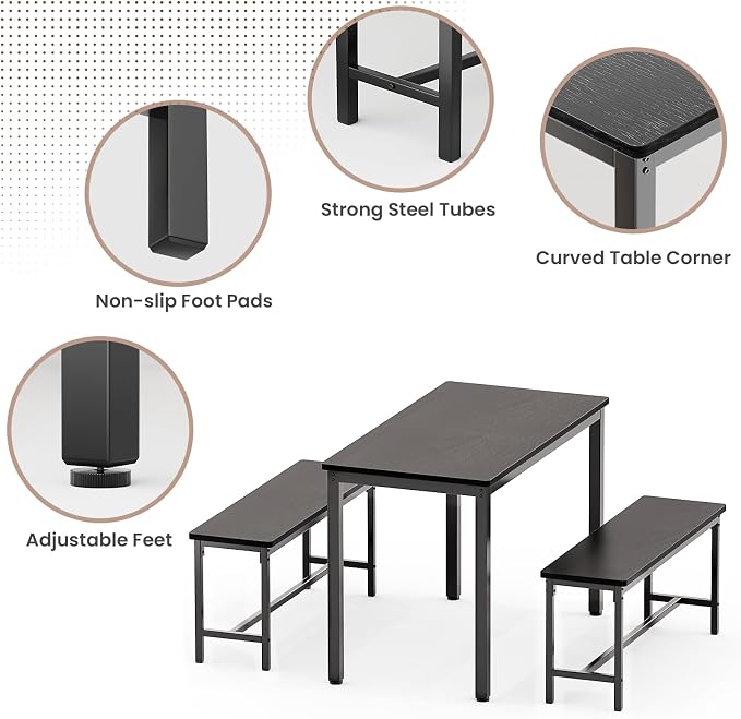 Dining Table Set for 4, Kitchen Table with 2 Benchs, Black | Modern Functional 3 Piece Space-Saving Dining Room Table Set for Apartment, Breakfast Nook, Small Space - Image 4