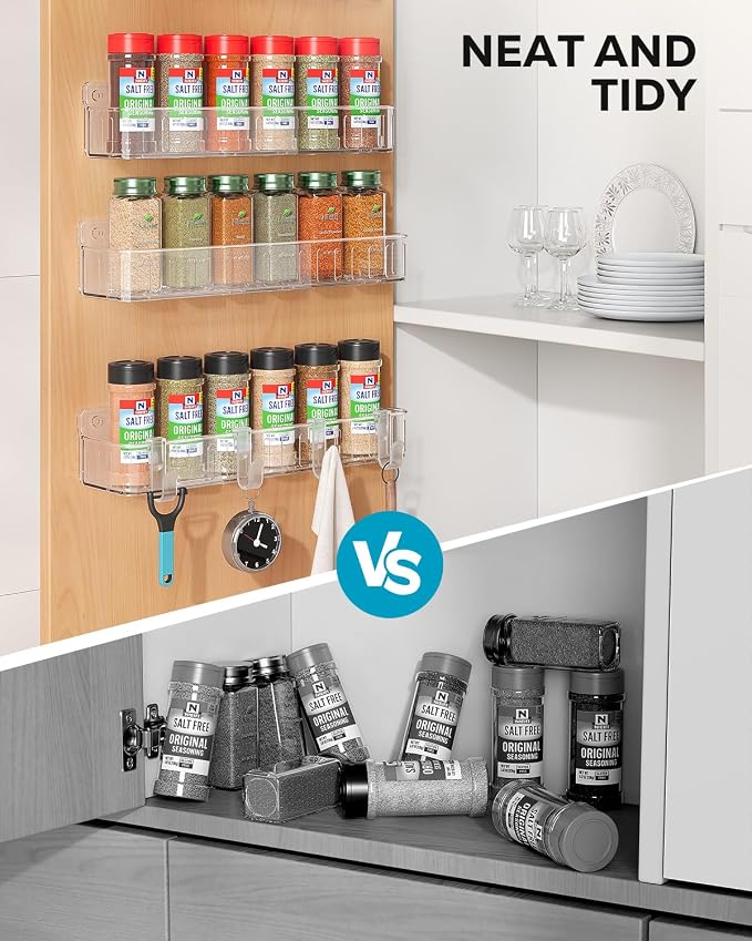 Nieifi Spice Rack Wall Mount, 4 Pack Clear, 2" Depth, Screw/Adhesive | Wall-Mounted with Removable Hooks Saves Counter Space, Fits 2" Deep Jars, Ideal for Kitchen Cabinets, Pantry Doors, and RVs. - Image 5