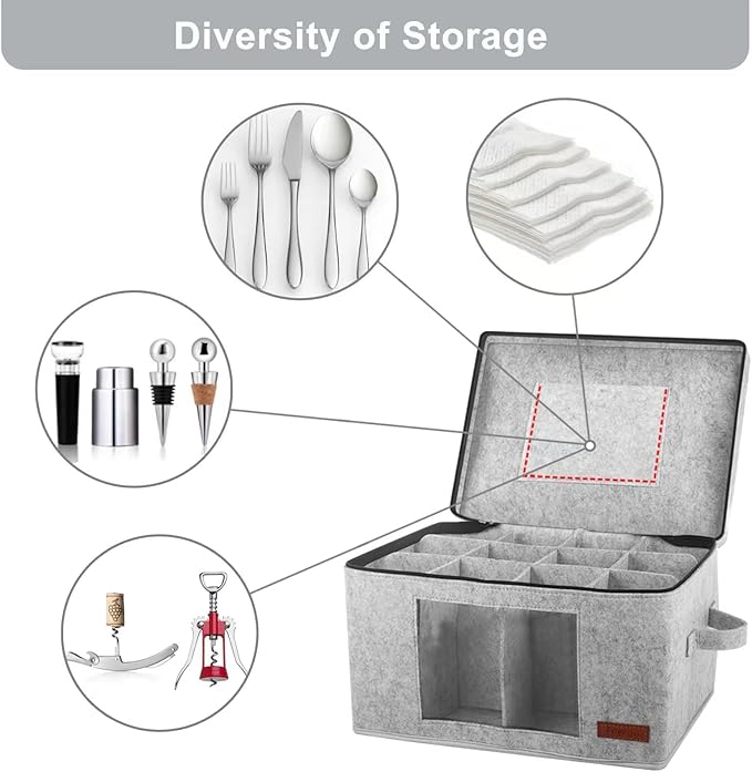Foyego Wine Glass Storage Box with 24 Dividers, Light Gray, 2 Pack | Visible Window, Soft Handles, for Packing and Moving, Stackable Storage Containers for Stemware, Glassware, Crystal Glasses - Image 4