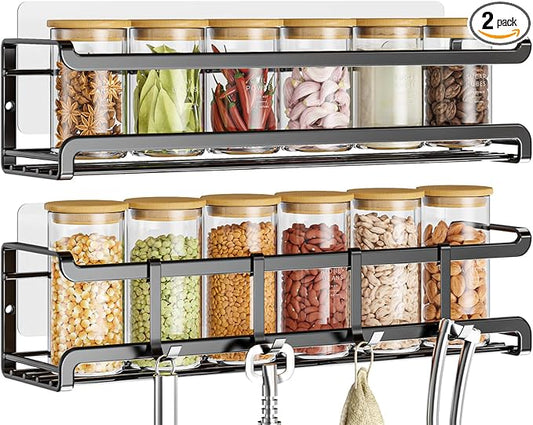 Bunoxea Spice Rack Wall Mounted 2 Pack, Black,11.41x2.75x2.75in | 2 Removalble Hooks,Screw or Adhesive Hanging,Space-Saving,For Kitchen Cabinet, Pantry Door,Stove,RV by Bunoxea