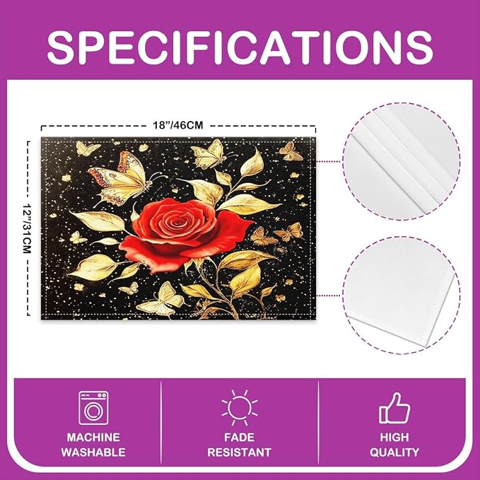 Feelyou Red Flower Rose Table Place Mats, Butterfly Rose Placemats Set of 4 18" X12" Placemat for Kitchen Dining Table Decor Indoor Outdoor, Romantic Flower for All Season - Image 4