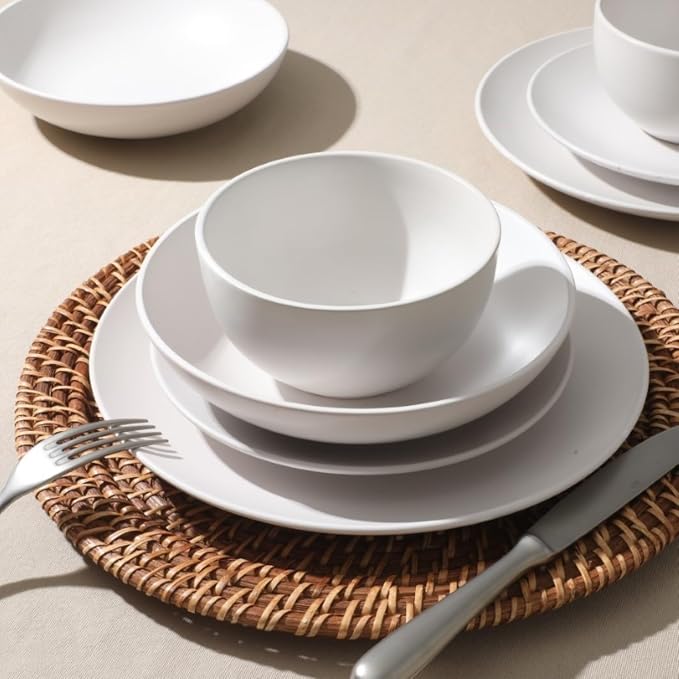 Gibson Home Queenslane 16 Piece Plates and Bowls Dishes Stoneware Ceramic Dinnerware Sets - Matte White - Image 4