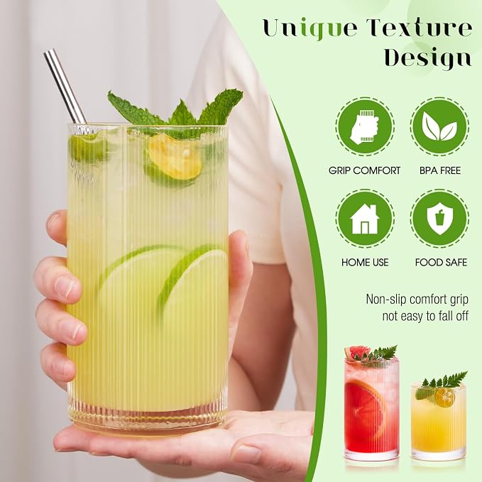 Ribbed Drinking Glasses Cups Set of 8 Large Capacity Highball 17oz&12oz | Rocks Cocktail Glasses Ideal for Beer, Juice, Water, Ice Coffee Cup, Whiskey, Mixed Drinkware - Image 8