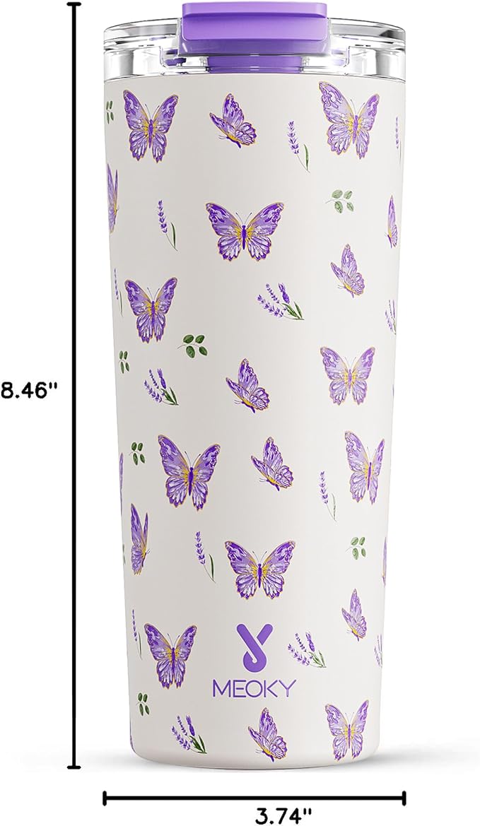 Meoky 24 oz Insulated Travel Coffee Mug: Leak Proof Lid, Butterfly | Stainless Steel Coffee Tumbler, Keeps Hot for 8 Hours or Cold for 24 Hours, Fits in Car Cup Holder, BPA Free - Image 3