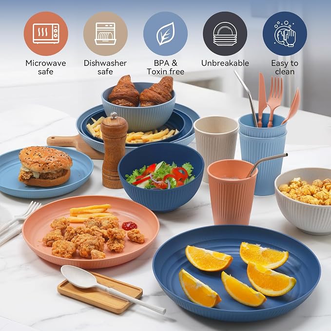 Wheat Straw Dinnerware Sets,64-Piece Plates and Bowls Sets for 8-Unbreakable,Reusable Plastic Dish Set-Dinner Plate/Dessert Plate/Cereal Bowl/Cup/Utensils-Microwavable Dishwasher Safe 64P-Deep Gray - Image 7