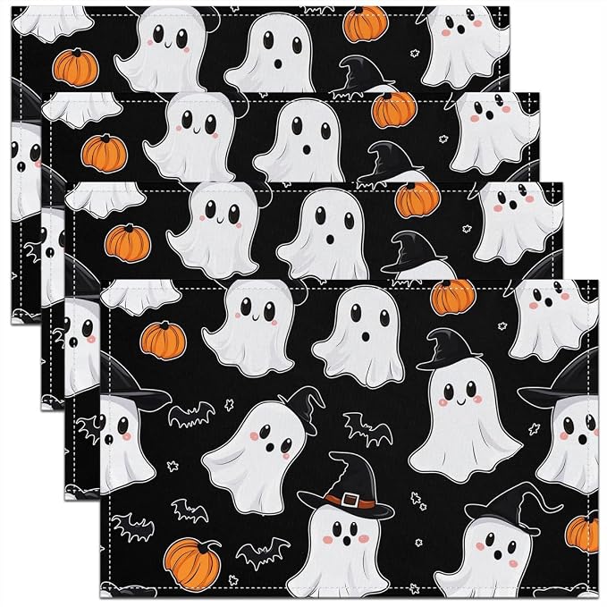 Feelyou Happy Halloween Placemats Set of 4 Cute Ghost Pumpkin Table Mats for Party Kitchen Dining Decoration Black White Orange Place Mat for Table Holiday Decor Indoor Outdoor 18"x12" Non-Slip Bats by Feelyou