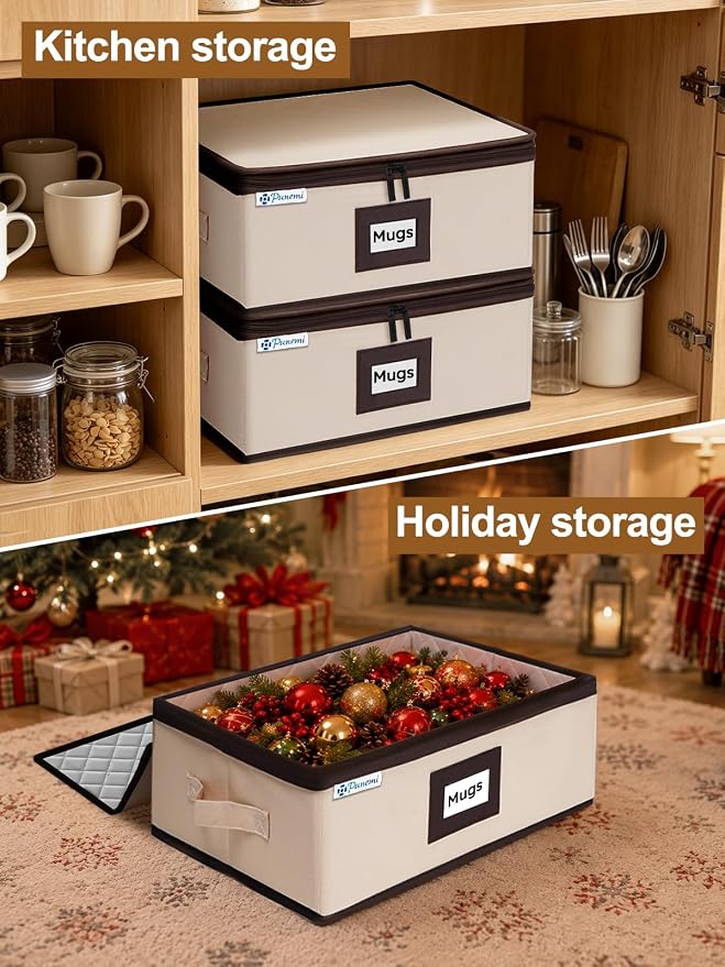 punemi Mug Storage Organizer, 2-Pack Hard Shell Boxes for Packing & Moving | Padded dividers, stackable design and carry handles for coffee mugs, tea cups and china storage, beige - Image 8