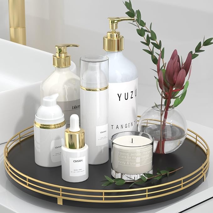 Oroyutor 13-Inch Oak Lazy Susan Vanity Tray with Gold Metal Rail | Rotating oak tray organizes spices, toiletries and decor on kitchen counters, bathroom vanities, dining and coffee tables. by Oroyutor