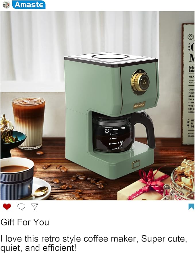 Amaste Drip Coffee Maker, Coffee Machine with 25 Oz Glass Coffee Pot, Retro Style Coffee Maker with Reusable Filter & Three Brewing Modes, Warming Plate, Matcha Green - Image 7