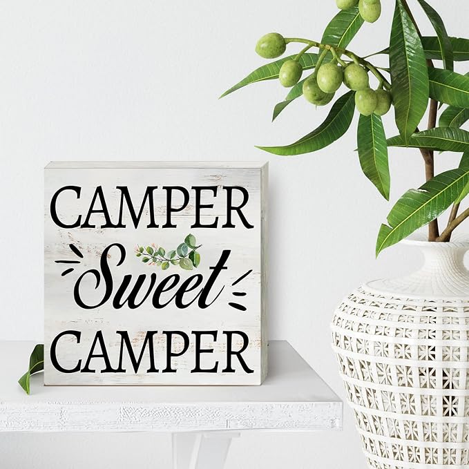 Camper Sweet Camper Wood Box Sign Home Decor Rustic Camping Quote Wooden Box Sign Block Plaque for Wall Tabletop Desk Home Decoration 5" x 5" - Image 4