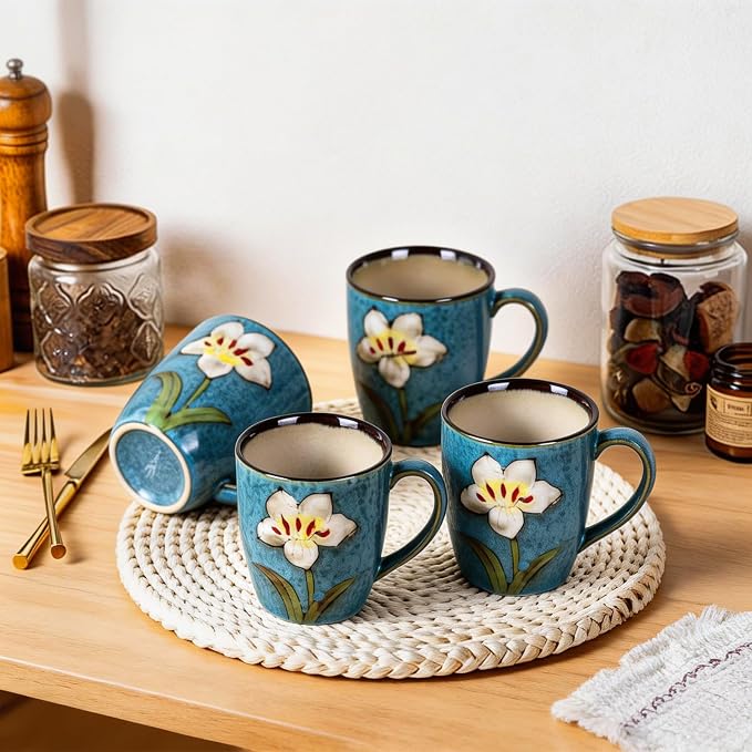12oz Coffee Mugs Set of 4, Hand-Painted Floral Stoneware Cups with Handle, Dishwasher Microwave Oven Safe, Cappuccino Mugs for Latte, Tea, Espresso & Hot Cocoa, for Home Kitchen & Cafe, Blue - Image 2