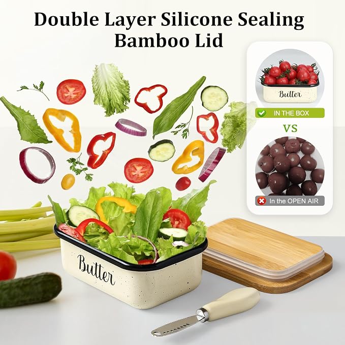 LANDNEOO Butter Dish with Lid and Butter Curler Knife, Unbreakable Metal Keeper Container Double Silicone Sealing, Speckled White, 6.2'L x 4.2' W x 2.2' H, 2 Sticks Capacity, Stainless Steel, Bamboo - Image 7