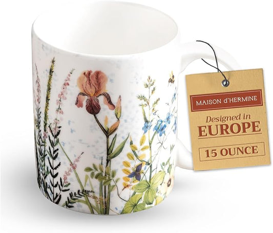 Maison d' Hermine Coffee Mug with Handles Tea Cups (15 Ounce, Pack of 1) | Fine Bone China Coffee Mugs for Hot Beverages Cappuccino Latte Home Restaurant Hotel Spring Summer -Fleurs De Mai - Prairie by MaisondHermine