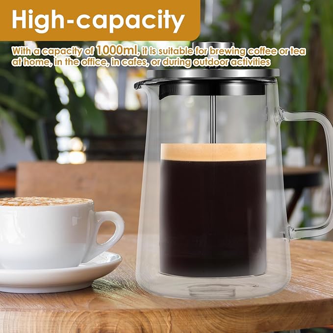 350/650/1000ml French Press Coffee Maker, Double Wall Glass French Press, Clear French Press Tea Maker, Multifunctional Coffee Press Coffee Maker for Home Office (650ML)