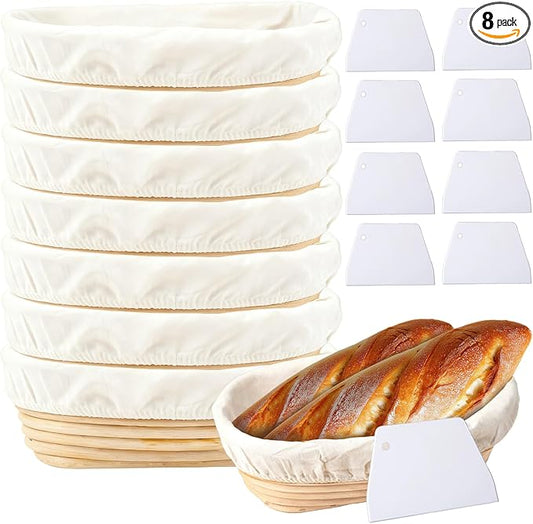 8 Sets Bread Proofing Baskets Bulk Banneton Bread Proofing Basket with Cloth Liners and Dough Scrapers Natural Rattan Banneton Sourdough Bowl Basket for Bakers(10 Inch)