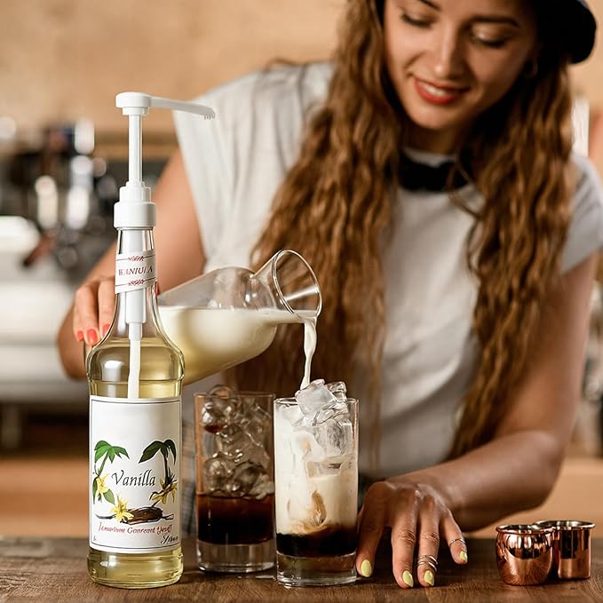 Nuogo 5 Pcs Coffee Syrup Pump Compatible with Monin 750ml (25.4 Fl Oz) Glass Bottles White Flavor Syrup Pump Dispenser with Tip Covers