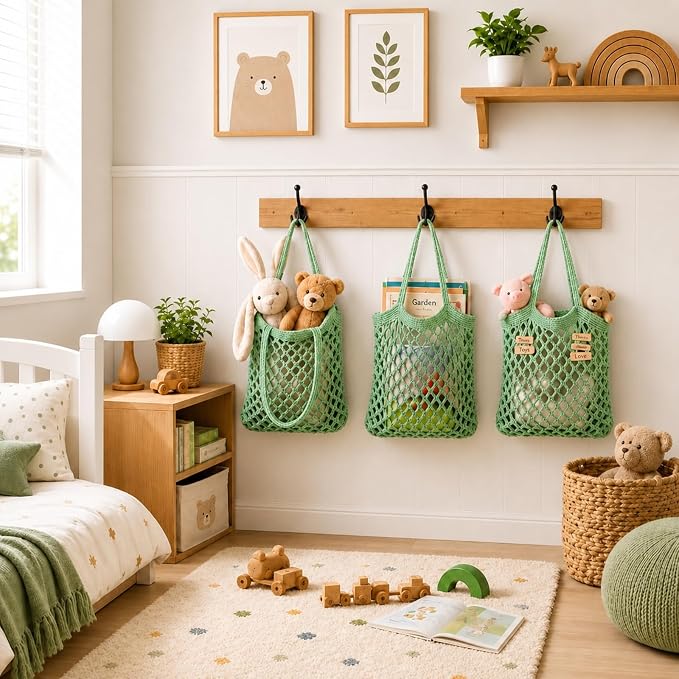 Honeydak Boho Decor Hanging Wall Baskets for Kitchen 3 Pack Teardrop Baskets with Hooks Storage Fruit Onion Vegetable Potato for Home(Sage Green,Mesh,Cotton Rope) - Image 6
