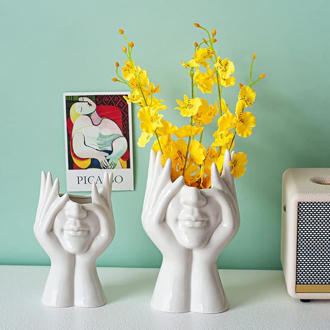 Face Flower Vase,White Ceramic Body Vase, Decorative Vase Dining Table Centerpiece,Modern Small Vase for Coffee Table Bathroom Shelf Living Room Decor 3.54'' W X 7.3'' H - Image 9
