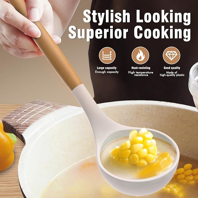 Silicone Cooking Utensils Set - AVGPD Silicone Kitchen Utensils for Cooking Wooden Handles, 446°F Heat Resistant Kitchen Utensil Spatula Sets w Holder, Gadgets for Non-Stick Cookware BPA FREE (Khaki) - Image 4