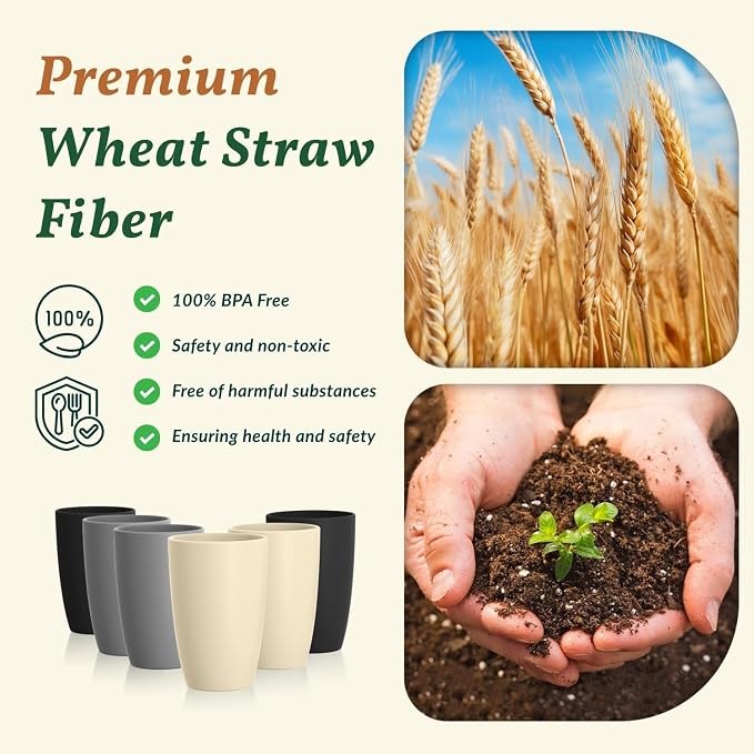 Homienly Premium Wheat Straw Cups, 20oz Lightweight and Unbreakable Drinking Cups Set of 6, Reusable Water Glasses Microwave and Dishwasher Safe Cup Set for Coffee, Milk, Juice - GreyStone - Image 4