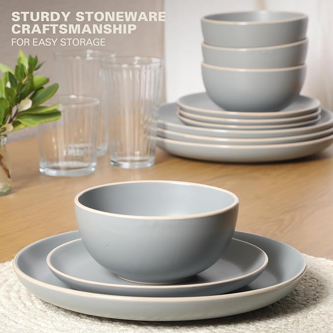 Gibson Home Rockaway 12-Piece Stoneware Dinnerware Set, Matte Finish, Service for 4, Modern Ceramic Plates and Bowls, Microwave & Dishwasher Safe – Soft Gray - Service for 4 - Image 4