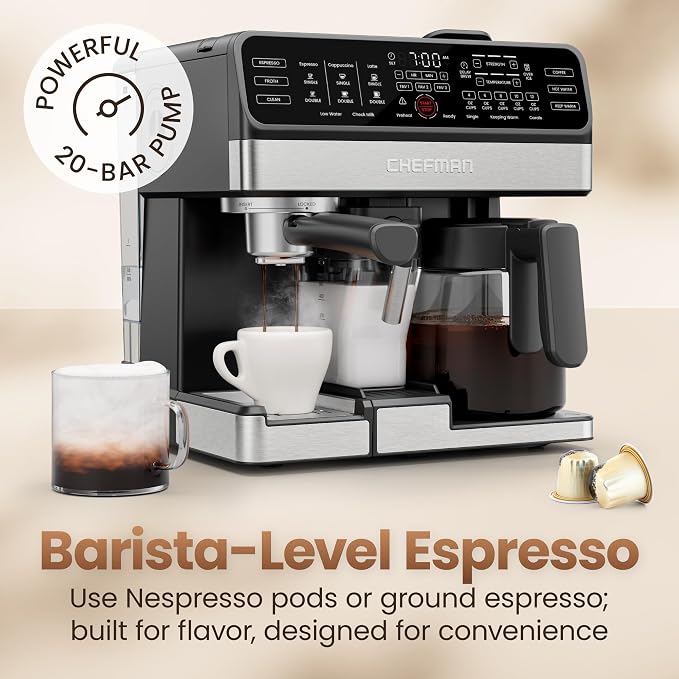 Chefman Coffee Maker Espresso Machine Combo, 8-in-1 Coffee Station with Automatic Milk Frother for Lattes, Cappuccinos, Macchiatos, 20-Bar Pump, 12-Cup Carafe & 3L Water Tank - Black - Image 4