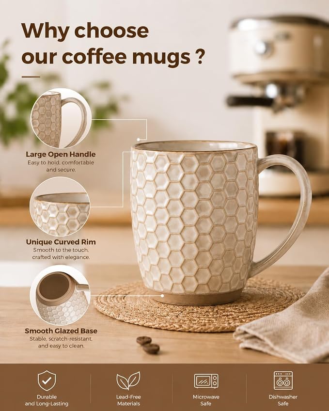 GBhome Large Coffee Mugs Set of 4, 16oz Handmade Embossed Coffee Mugs Set with Large Handle for Cappuccino/Latte/Tea/Hot Cocoa, Dishwasher & Microwave Safe, Khaki - Image 3