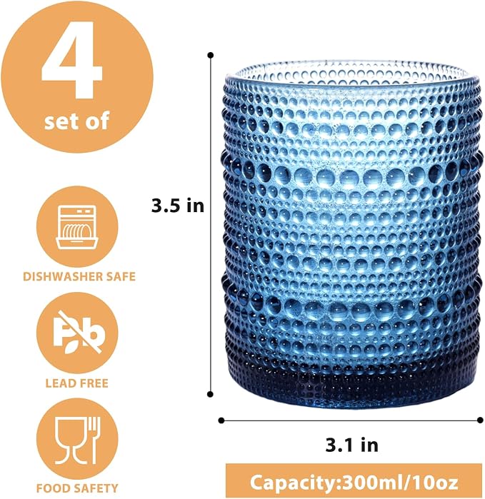 Set of 4 Hobnail Drinking Glasses, 12oz, Vintage Jupiter Drinking Glasses,Embossed Old Fsahioned Glassware for Beer,Water,Juice,Cocktail,Whiskey,Gift (Cornflower Blue, Small) - Image 2