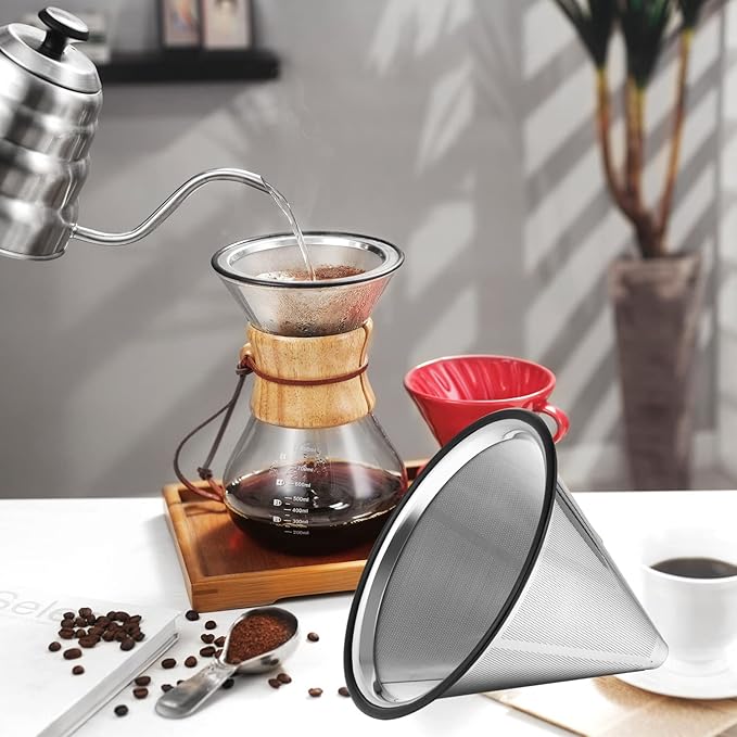 Pour Over Coffee Filter Metal Base Reusable Stainless Steel Coffee Dripper Perfect for Chemex Hario Bodum & Other Coffee Makers Paperless Coffee Filter for Sustainable Brewing