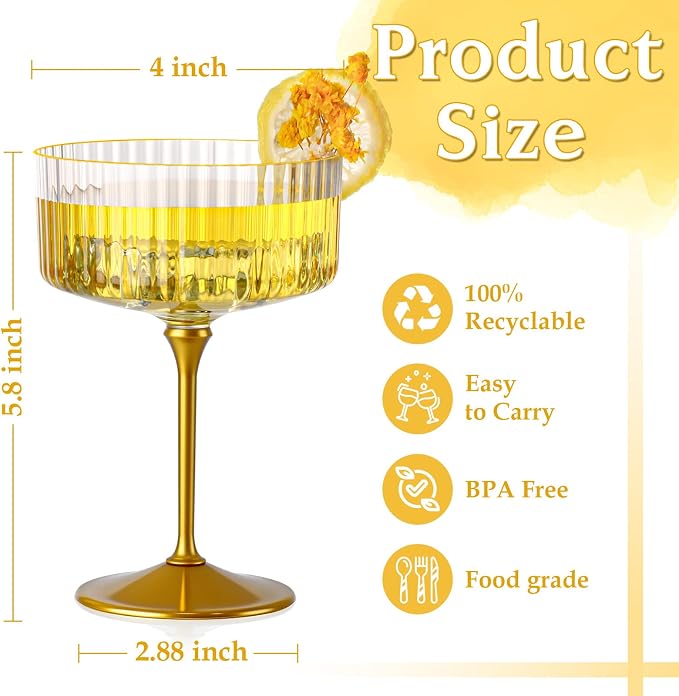 24 PCS Ribbed Coupe Glasses with Gold Stem Clear Plastic Champagne Coupe Cup 10oz Detachable Gold Rim Espresso Martini Glass Vintage Margarita Glassware Cocktail Glass for Christmas - Image 5