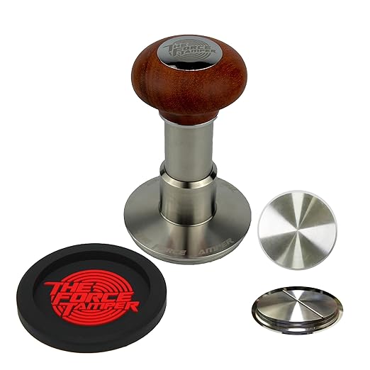 The Force Tamper Automatic Impact Adjustable Constant Pressure and Autoleveling Coffee Tamper Reddish Brown Jellyfish Wooden Handle Set Pro (Flat-Distribute Set, 58.50mm)