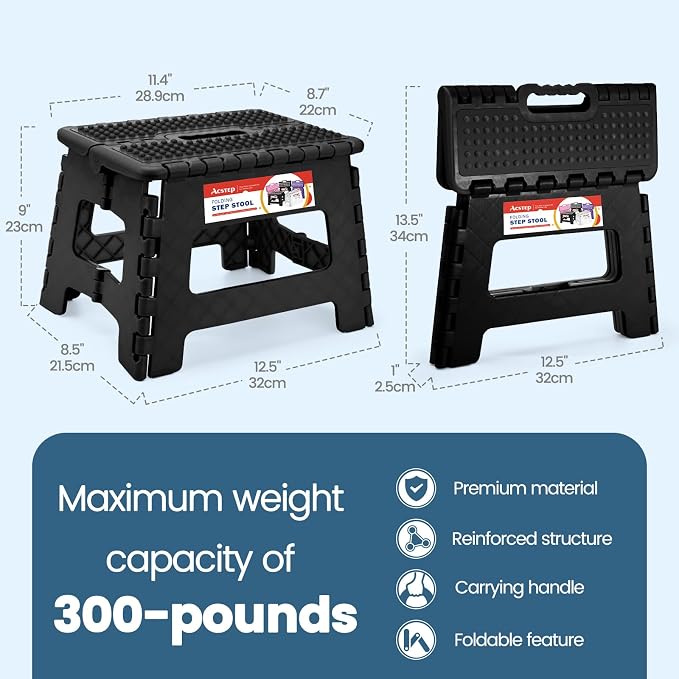 ACSTEP 9 Inch Folding Step Stool 300 LB Capacity Non Slip Foot Stool with Handle Plastic Foldable Step Stools for Kids Stepping Stool for Bathroom Black Small Step Stool (1 PC Black) | Heavy Duty Foldable Stools, Lightweight, Holds 300 lb, for Toddler ... - Image 4