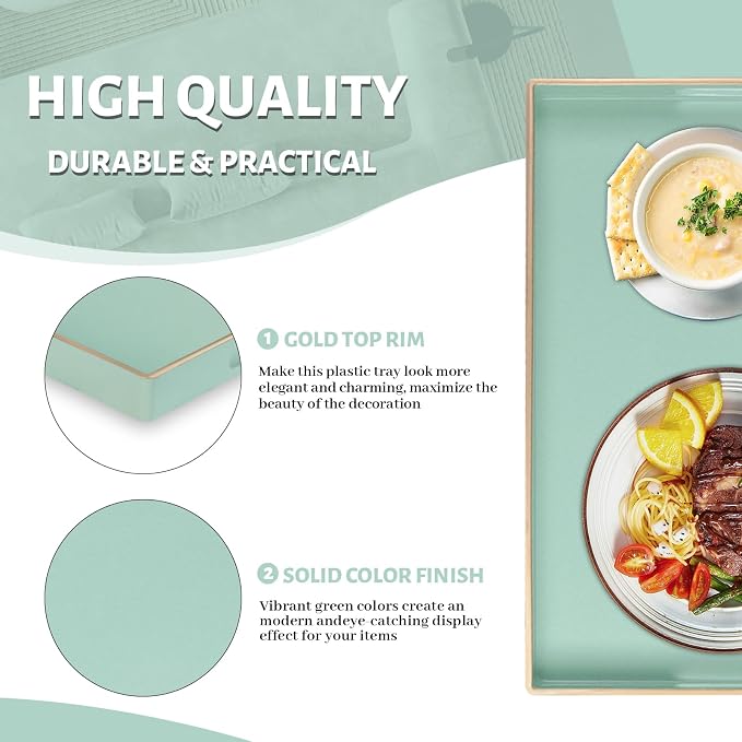 MAONAME Mint Green Decorative Tray for Ottoman, Serving Tray with Handles | Plastic Melamine Tray, Modern Coffee Table Tray, Rectangle Countertop Organizer Tray for Living Room, 15.8"L x 10.2"W x 1.4"H - Image 4
